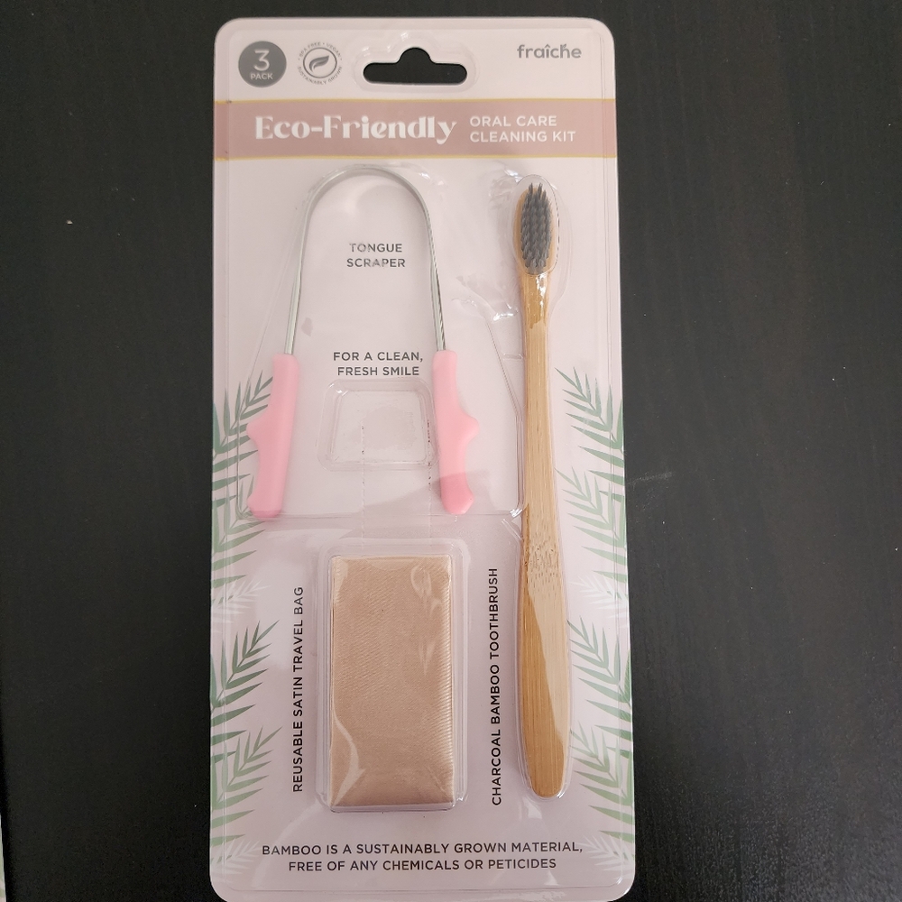 NWT Fraîche eco-friendly tooth brush w/tongue scraper & travel bag